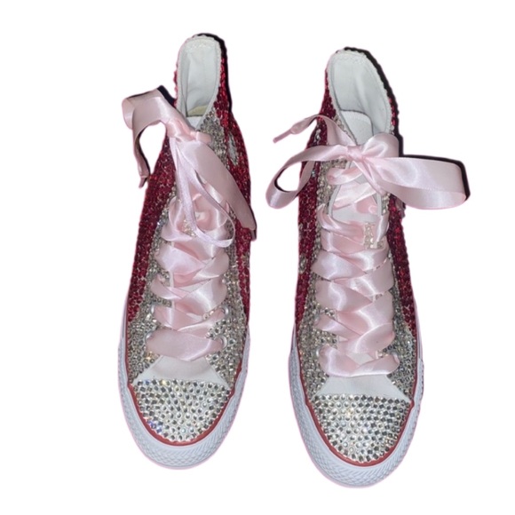 Rose Pink & Crystal High Top Converse Sizes 5-14 New In Box With Ribbon Laces - Picture 2 of 14